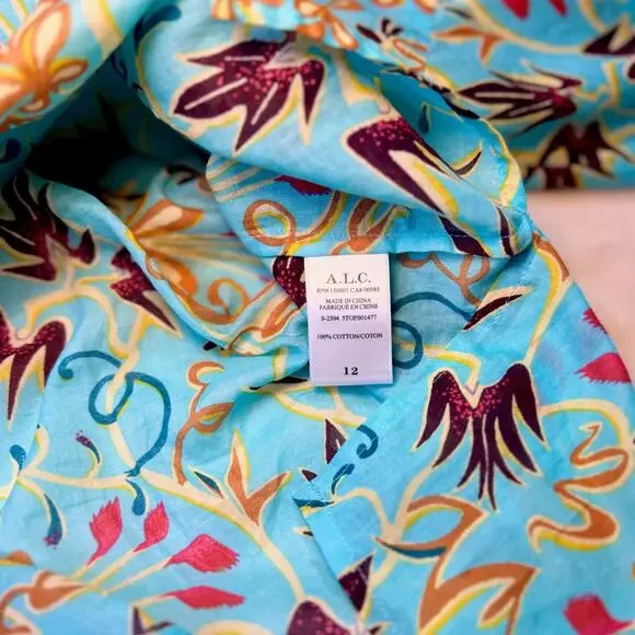 A.L.C. Capri Grotto Turquoise Blouse Aqua Floral Cotton Women’s 12 Boho Resort - Picture 13 of 16